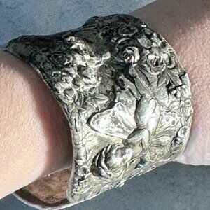 Fairy Cherub Putti Sterling Silver Antique Gorham Cuff Bracelet Floral 925 HEavy